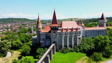 aerial drone footage of a corvin castle in romania