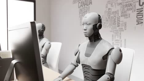 3d rendering animation of robot humanoid cyber sitting in office while chatting with customer on website and help care, working class labor in futurist society