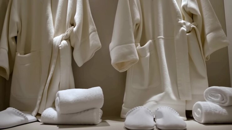 Un lento movimento laterale rivela accappatoi bianchi appesi sopra pantofole morbide e asciugamani impilati, con una luce calda e delicata che enfatizza la trama pulita del tessuto, la disposizione ordinata e l'arredamento neutro.