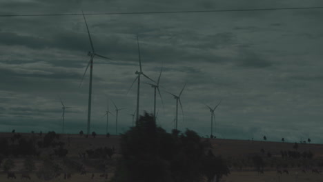 Wind-turbines-spread-out-across-open-field-in-grassland-plains-on-stormy-day