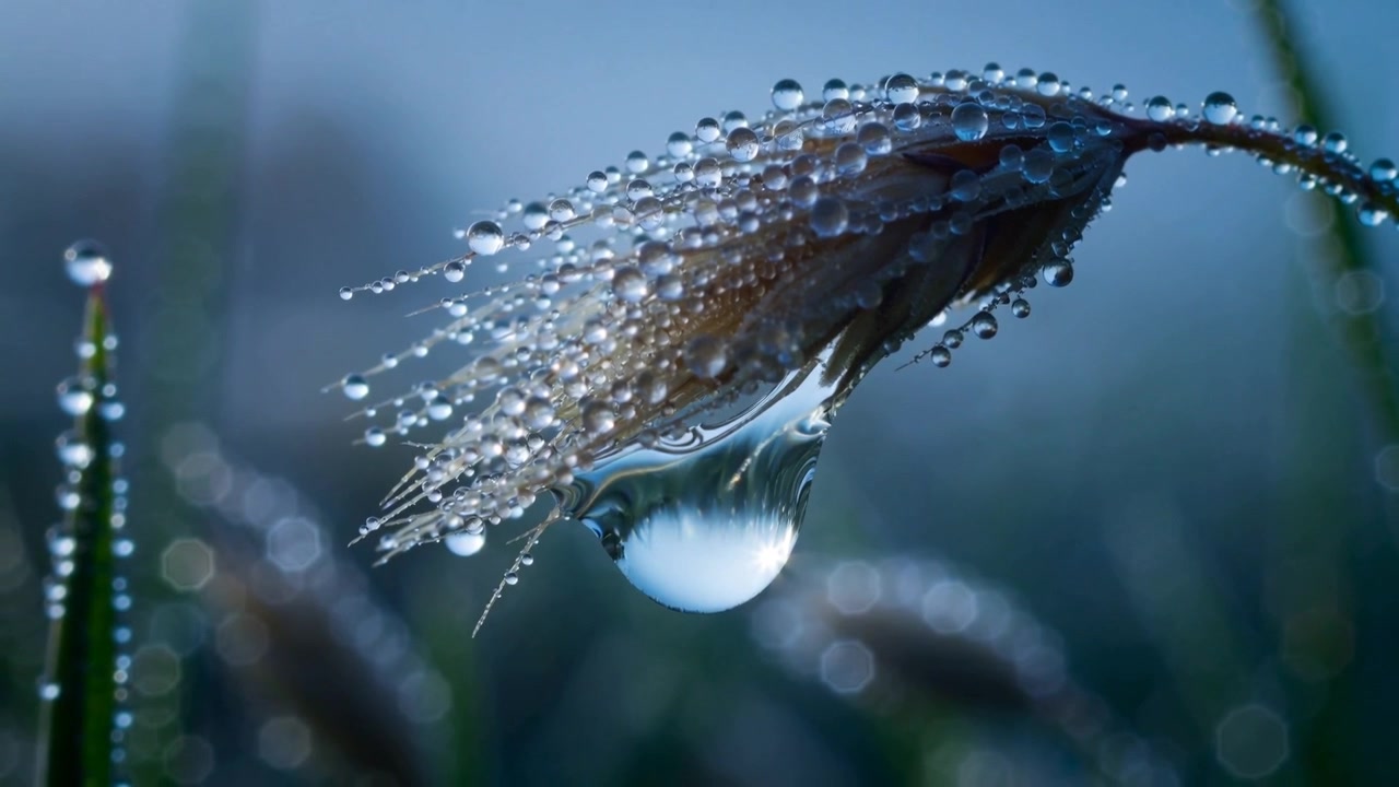 Una gocciolina che cresce e si allunga mentre le perline adiacenti si fondono in essa e una spiga si piega in una macro di un prato.