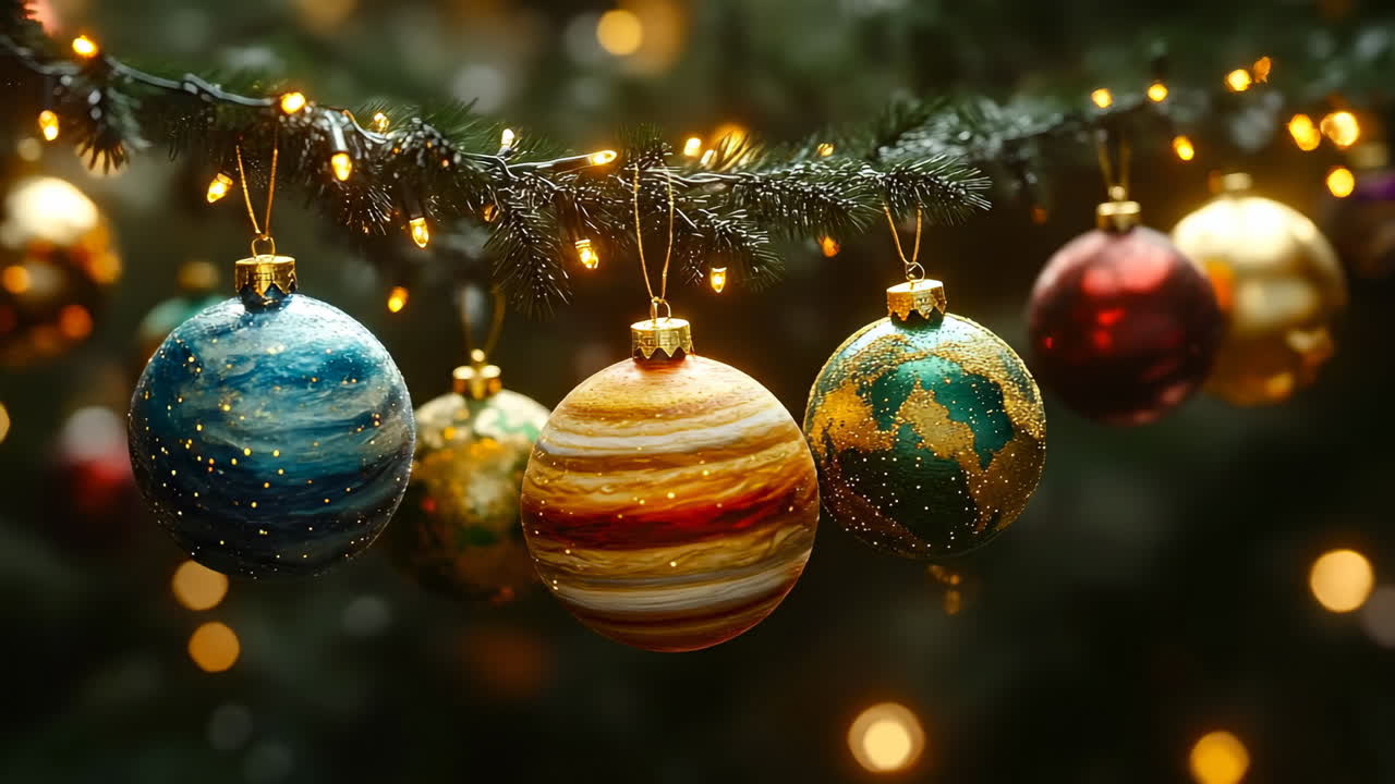 Decorazioni appese a un albero. Decorazioni colorate pendono da un albero di Natale, immerso in luci calde e nell'allegria festosa