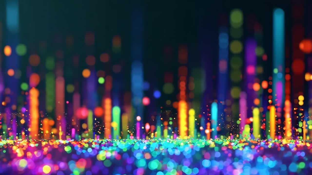 A colorful image of a cityscape with many different colored lights. Scene is vibrant and lively, with the colors creating a sense of energy and excitement