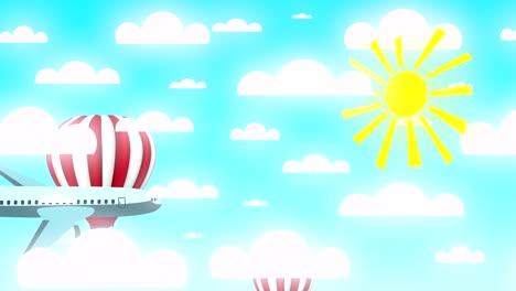 4k 3d animation of a bright blue sky with the sun and paper clouds, an airplane and balloons. travel, vacation concept.