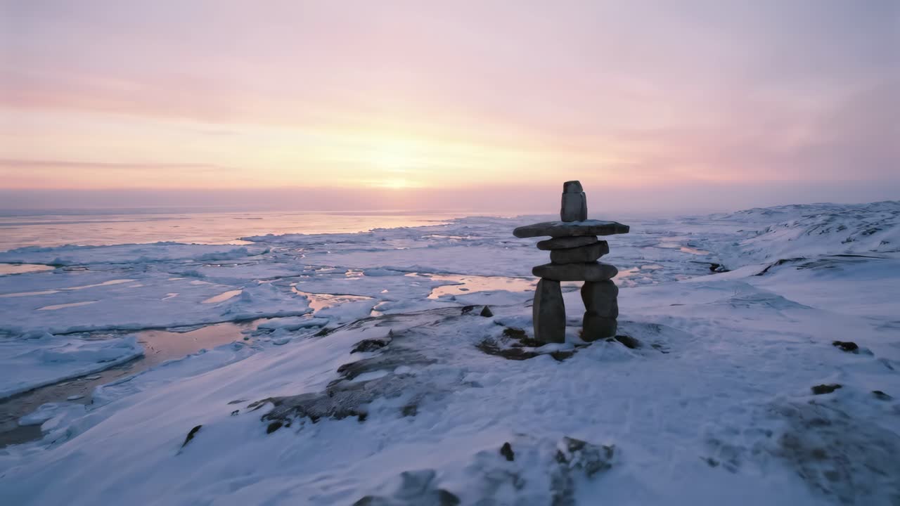 Kamenná mohyla Inuksuk na zasněženém arktickém pobřeží při západu slunce