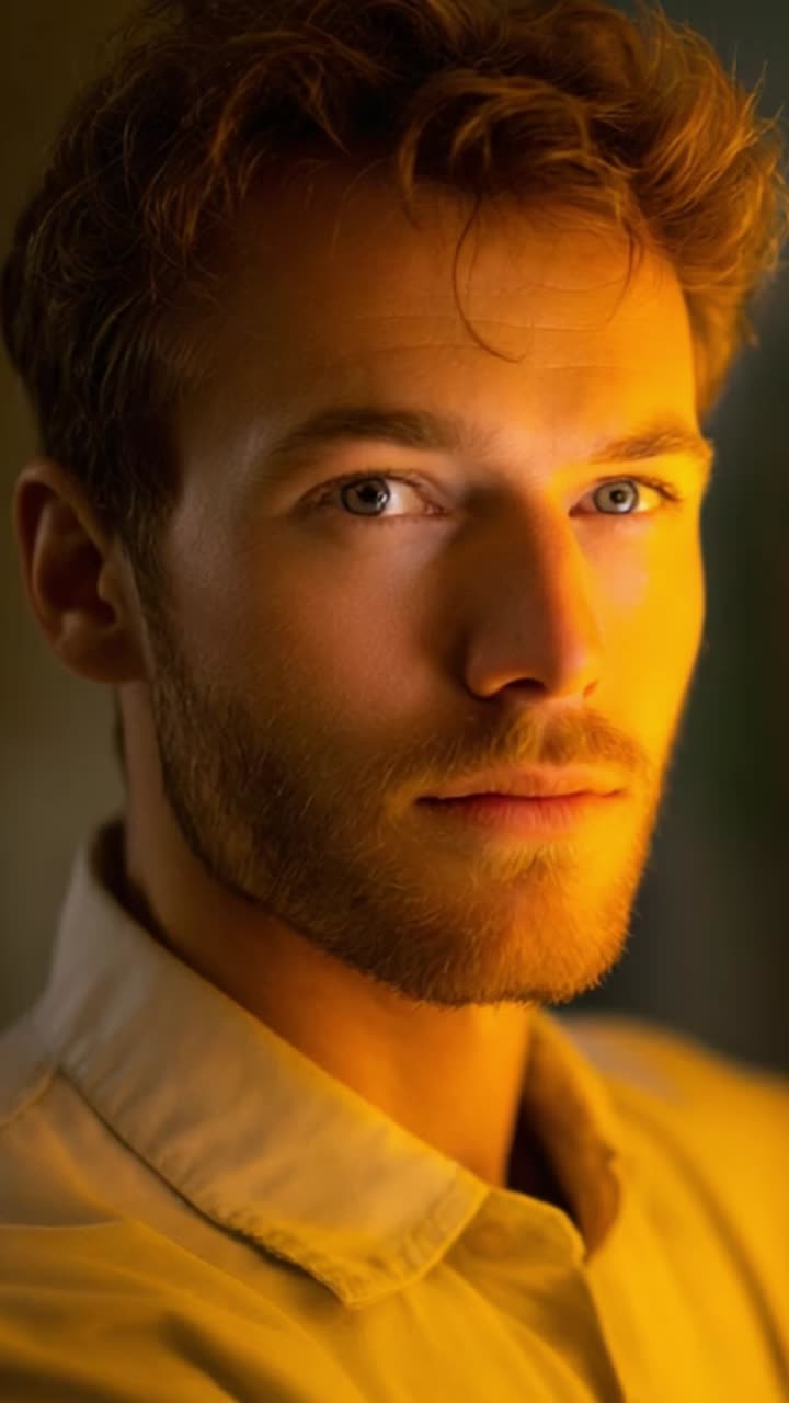 Um retrato cativante apresentando um jovem com traços marcantes, iluminado por uma iluminação quente que cria uma atmosfera suave e convidativa, mostrando seu olhar intenso