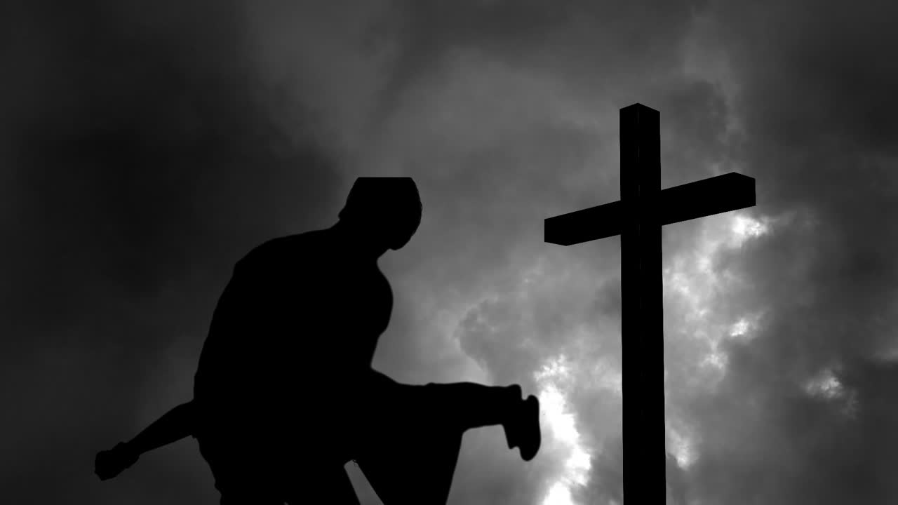 구름 과 십자가 위 에 있는 사람 의 실루 ⁇  의 애니메이션