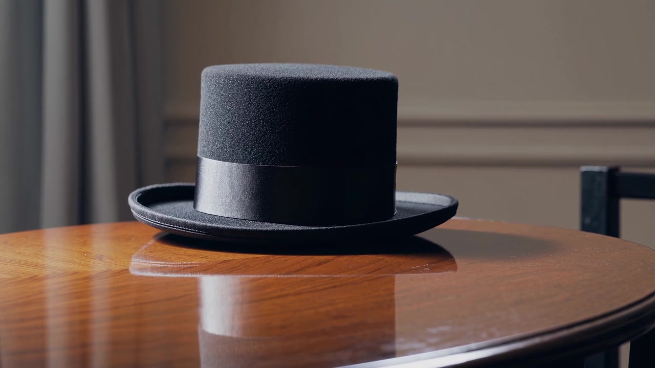 Chapeau haut de forme noir classique posé sur une table en bois poli