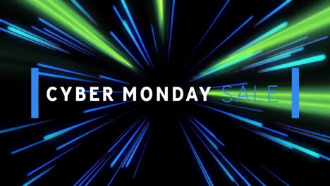 cyber monday sale text animation over blue and green light streaks