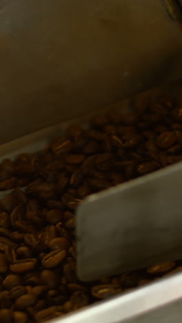 hombre vertiendo granos de café en una máquina de pesar