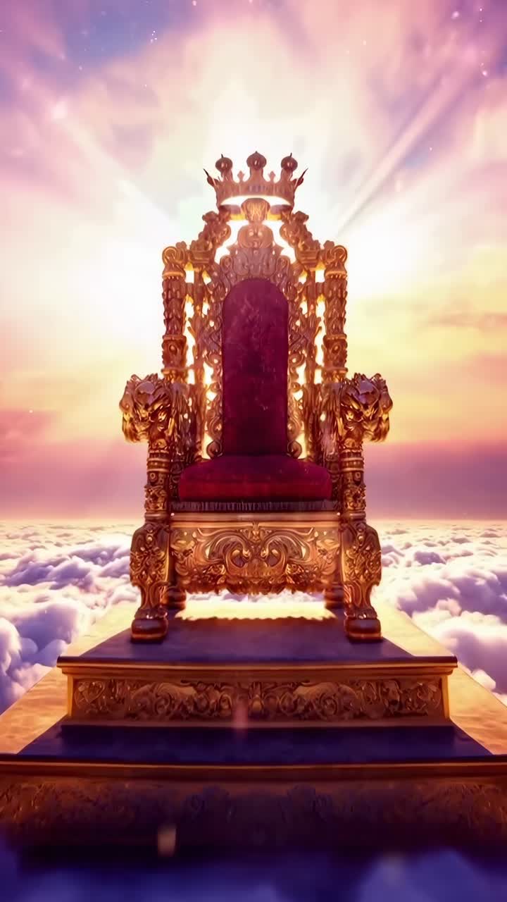 Majestätischer Thron in Wolken, aus Untersicht aufgenommen, evoziert eine göttliche Videofantasie