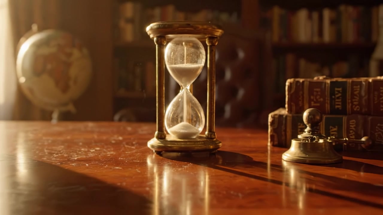 An elegant hourglass on a polished wooden desk in a richly decorated library, symbolizing the passage of time and the essence of knowledge and reflection.
