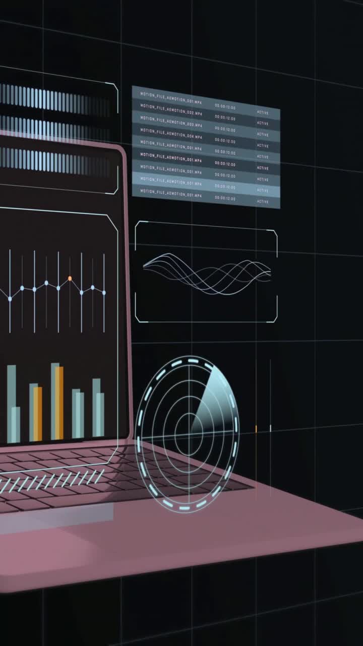Modern Laptop Displaying Data and Holographic UI Elements