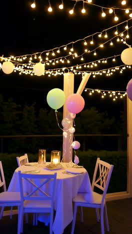 outdoor night party with balloons and string lights