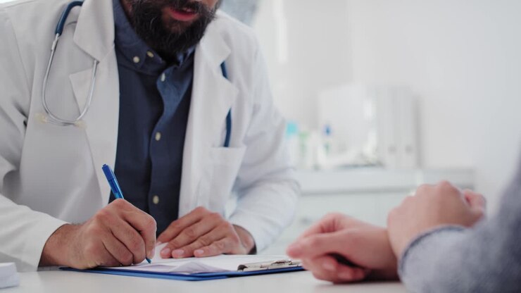 Handheld view of doctor writing a prescription for his patient