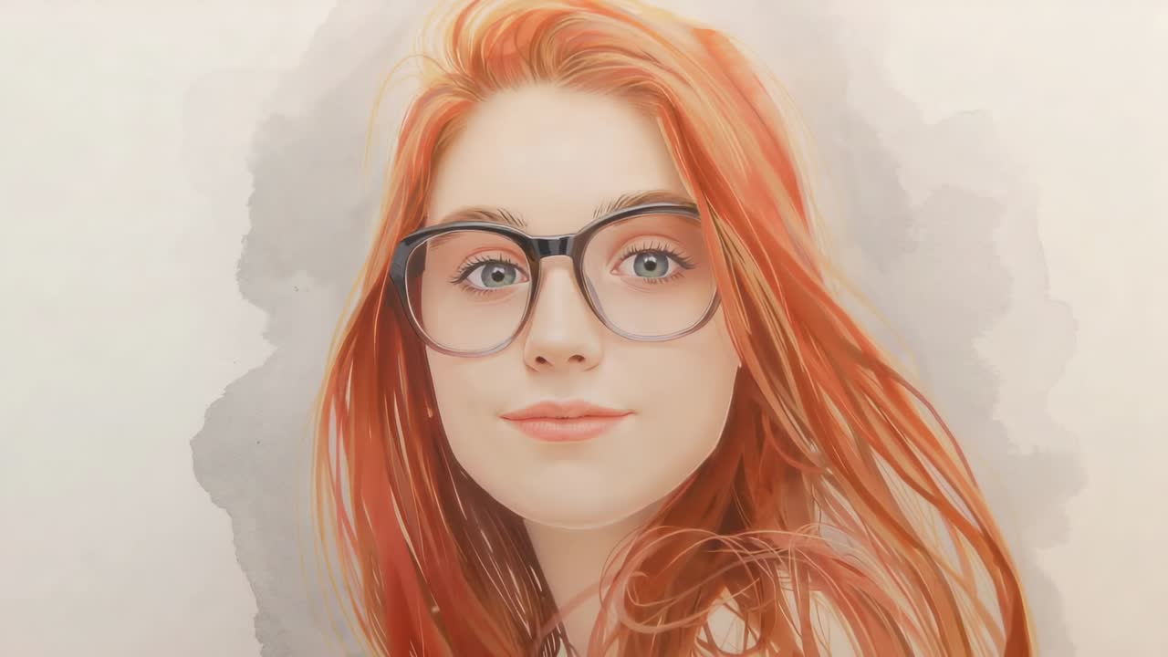 Turning head left and flipping red hair around shoulders, woman in portrait studio, with eyeglasses