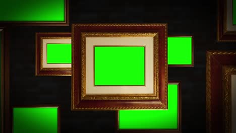 picture frames with green chromakey space hang on brick wall