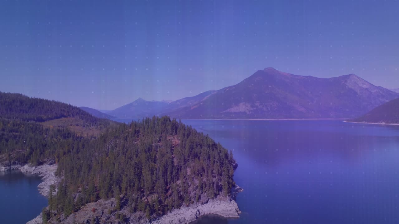 Overlay fading over alpine lake, bars rising, line redrawing, inset waveform animating data trends