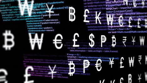 animation of multiple currency symbols over data processing against black background
