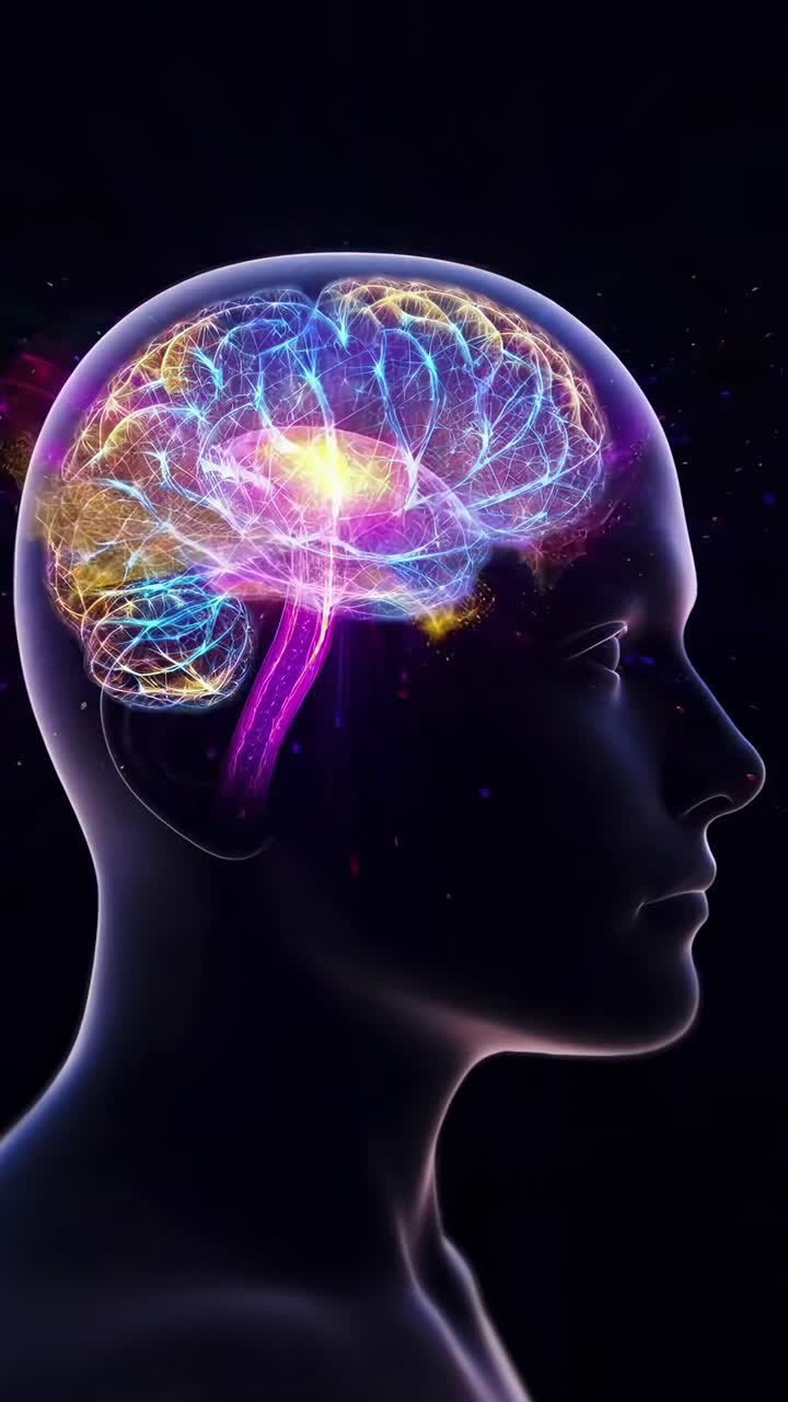 Side view of a glowing brain in a human head, vibrant colors, perfect for a science video