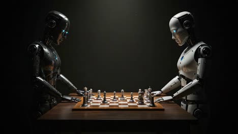 a serene battle of wits: two robots engage in an intense game of chess, highlighting the intersection of technology and strategy with their digital precision