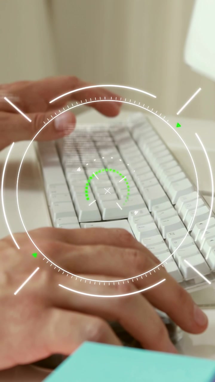 Vertical video: Left hand entering, hovering, placing on keyboard, typing report while HUD rotating
