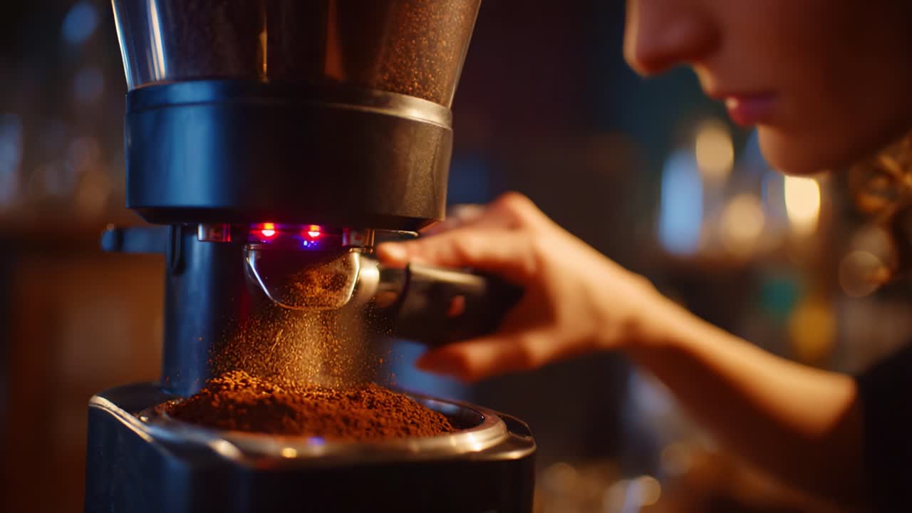 An Engaging Close-Up of a Coffee Grinder in Action, Showcasing the Grinding Process and Fine Coffee Grounds Being Prepared for Brewing