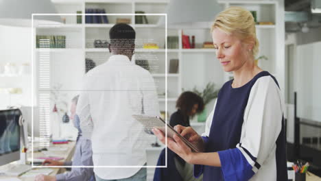 Animation-of-interface-with-data-processing-over-thoughtful-caucasian-woman-using-tablet-at-office