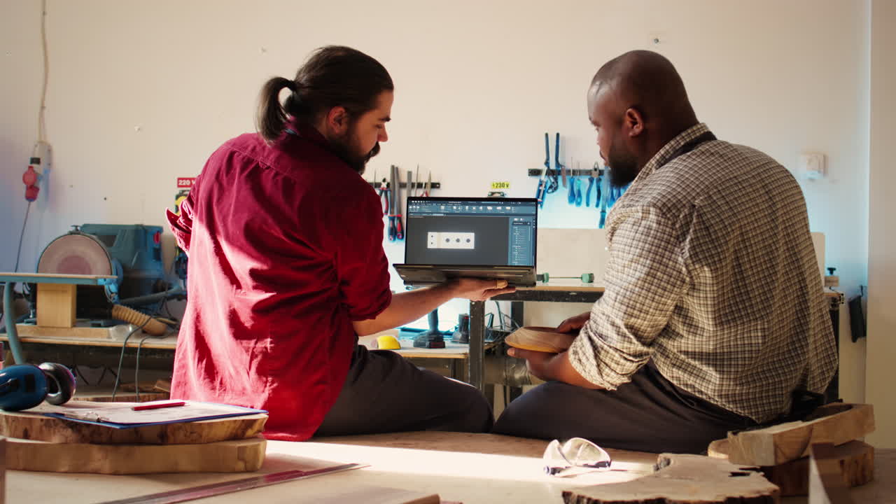 Manufacturer and coworker designing custom 3D furniture