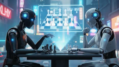 futuristic chess duel between two advanced robots in a neon cityscape: a clash of artificial intelligence and strategy amidst urban vibrancy