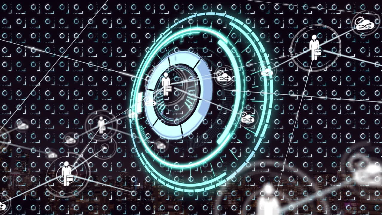 animación de la red de conexión con iconos sobre el paisaje urbano