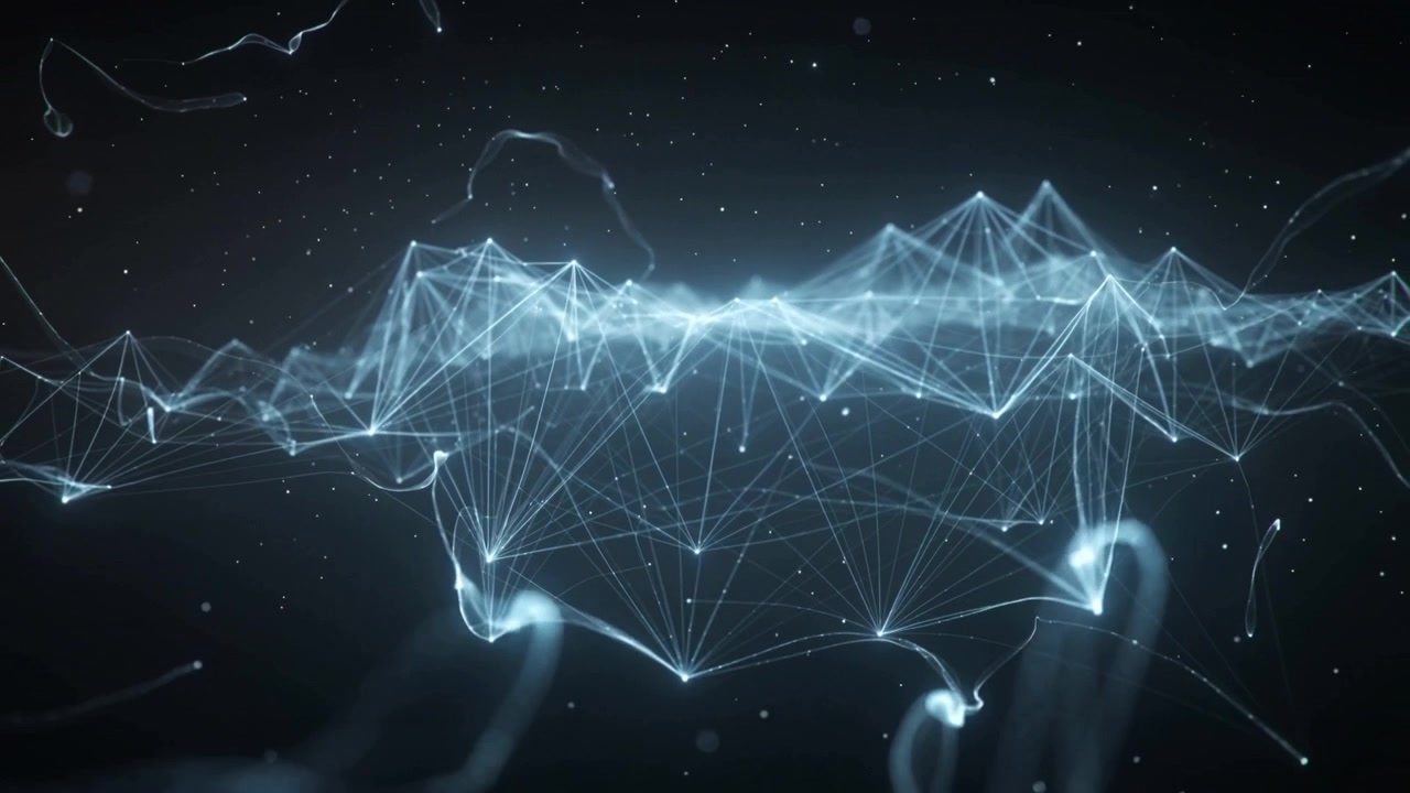 Pulsing mesh releasing luminous nodes, sending glowing strands and ribbon trails, visualizing data