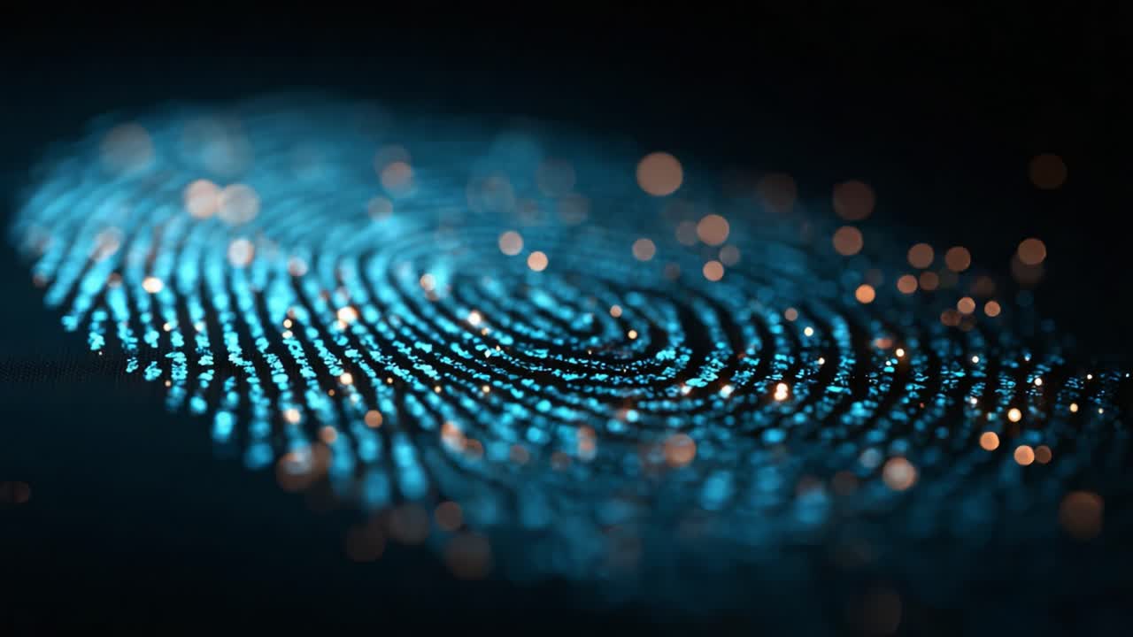 A captivating macro view of a shimmering fingerprint pattern, brilliantly illuminated with vibrant blue and golden bokeh effects, showcasing intricate details and textures
