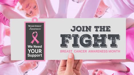 Animation-of-pink-ribbon-logo-and-breast-cancer-text-over-group-of-diverse-group-of-women