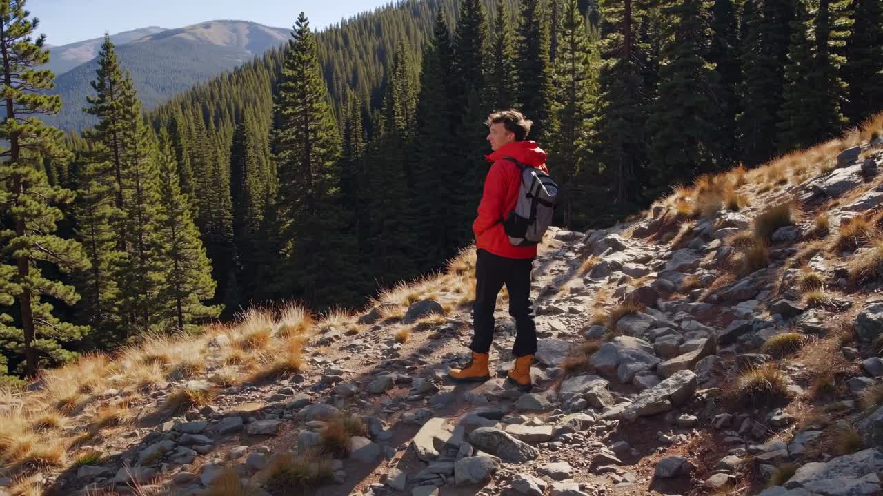 Un escursionista con una giacca rossa cammina su un sentiero roccioso di montagna circondato da pini.