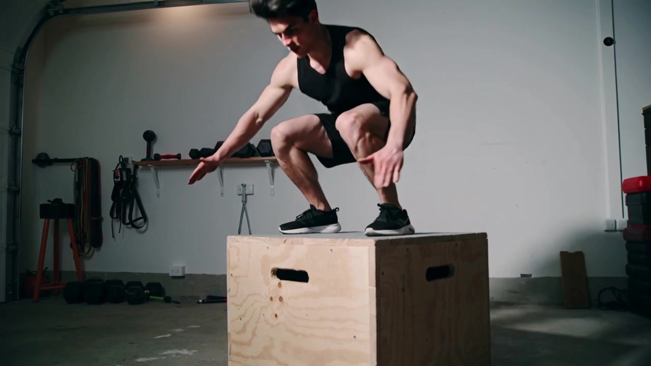 Bending knees, athlete in black doing plyo box jump, landing and balancing at garage gym training