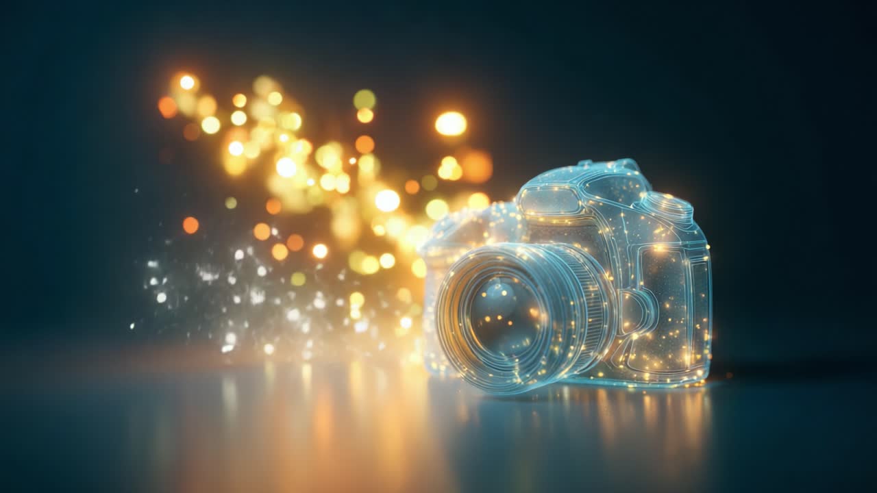 A Mesmerizing Representation of a Camera Illuminated by Sparkling Lights, Capturing the Essence of Photography and Creativity in a Dreamlike, Ethereal Setting