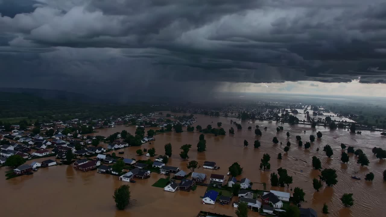 Storm clouds looming ominously above submerged residential neighborhood, floodwaters engulfing houses and surrounding urban terrain, depicting destructive force of extreme weather event