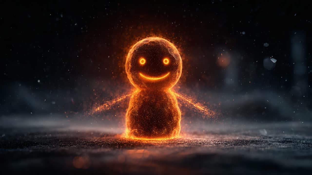 A Glowing Smiley Character Made of Fire Appears in a Dark Setting, Radiating Warmth and Cheerfulness Amidst a Mysterious Background