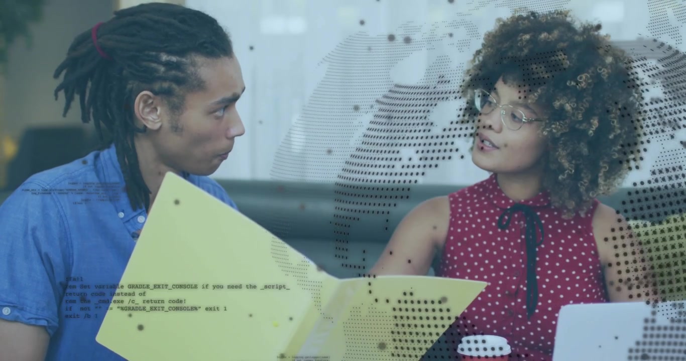 Man opening yellow folder, reading for doc review; woman holding cup, tech globe overlaying code