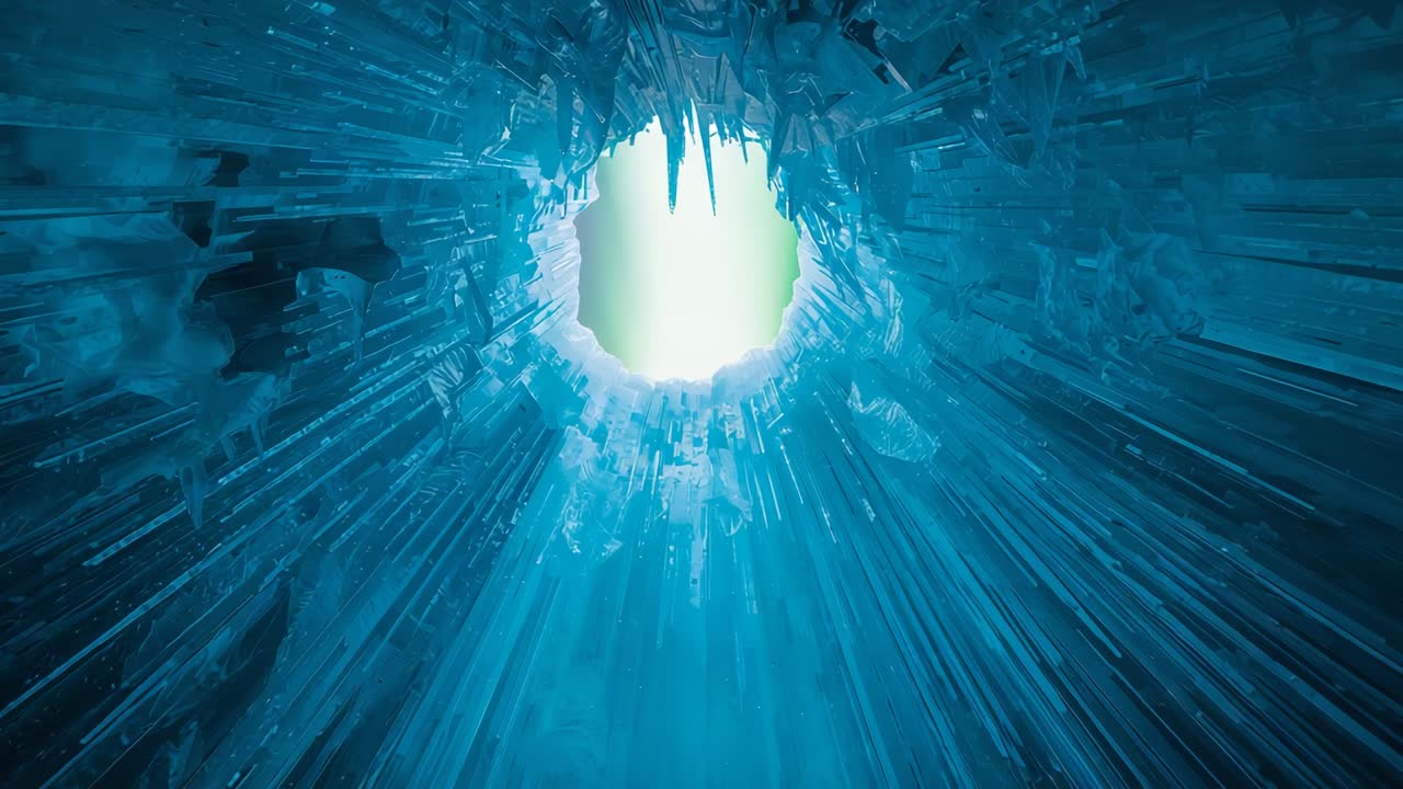 Rising camera framing circular ice opening at cavern floor, revealing icicles and green glow
