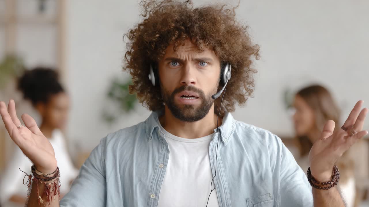 Engaging Communication: A Man Expresses Concern While Wearing a Headset, Emphasizing Importance of Clarity in Conversations in a Professional Setting