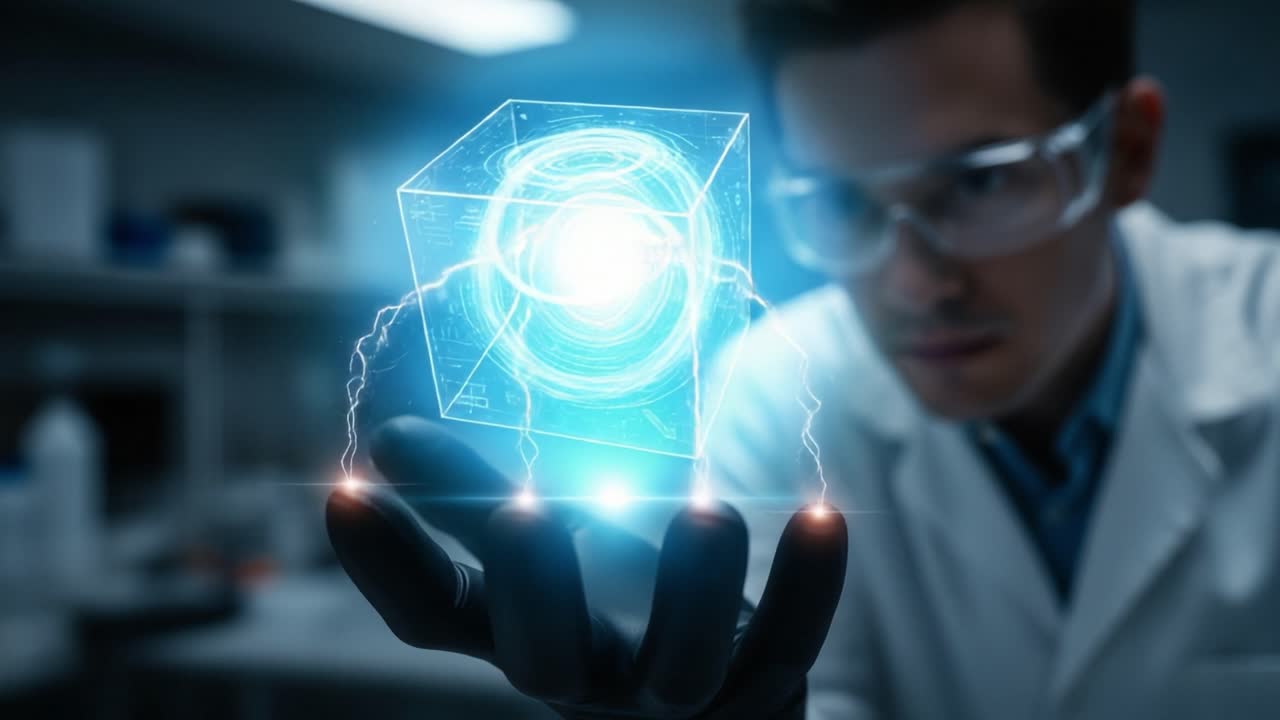 Futuristic Scientist Manipulating Holographic Cube: Exploring Quantum Concepts and Technology Through Interactive Visualization in a Modern Laboratory Environment