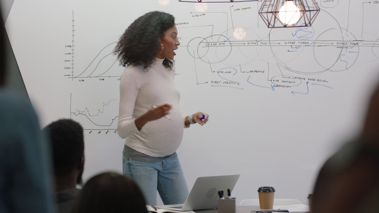 uomini d'affari afroamericani che incontrano una donna incinta leader di squadra che condivide idee gruppo di studenti che usano lo smartphone che fanno video che si godono la presentazione della comunicazione in un seminario in sala riunioni