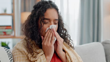 Allergies,-sinus-and-sick-woman-sneezing-on-a-sofa