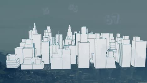 animation of numbers over 3d model of cityscape and modern city against sky