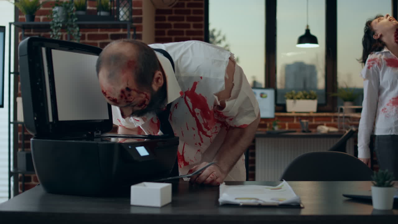 Brain dead horror zombie with deep bloody wounds trying to use office printer