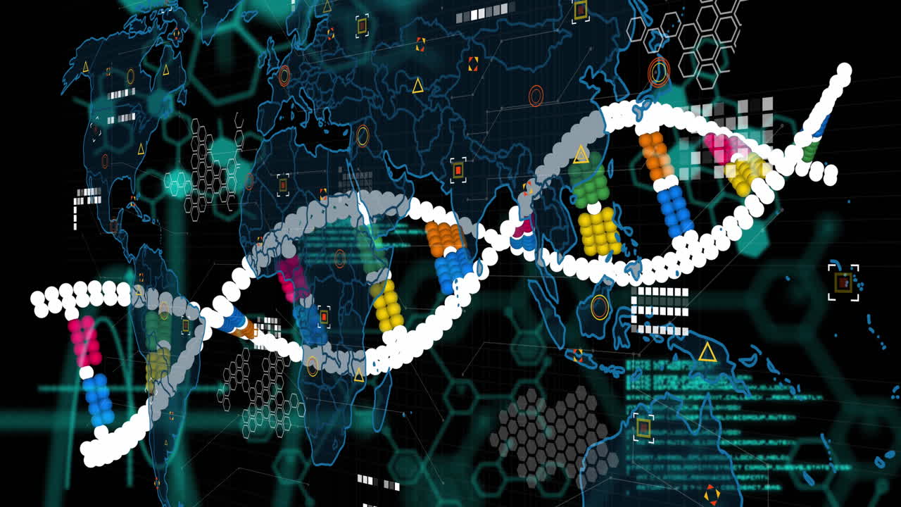 Animation of dna strand spinning and data processing on black background