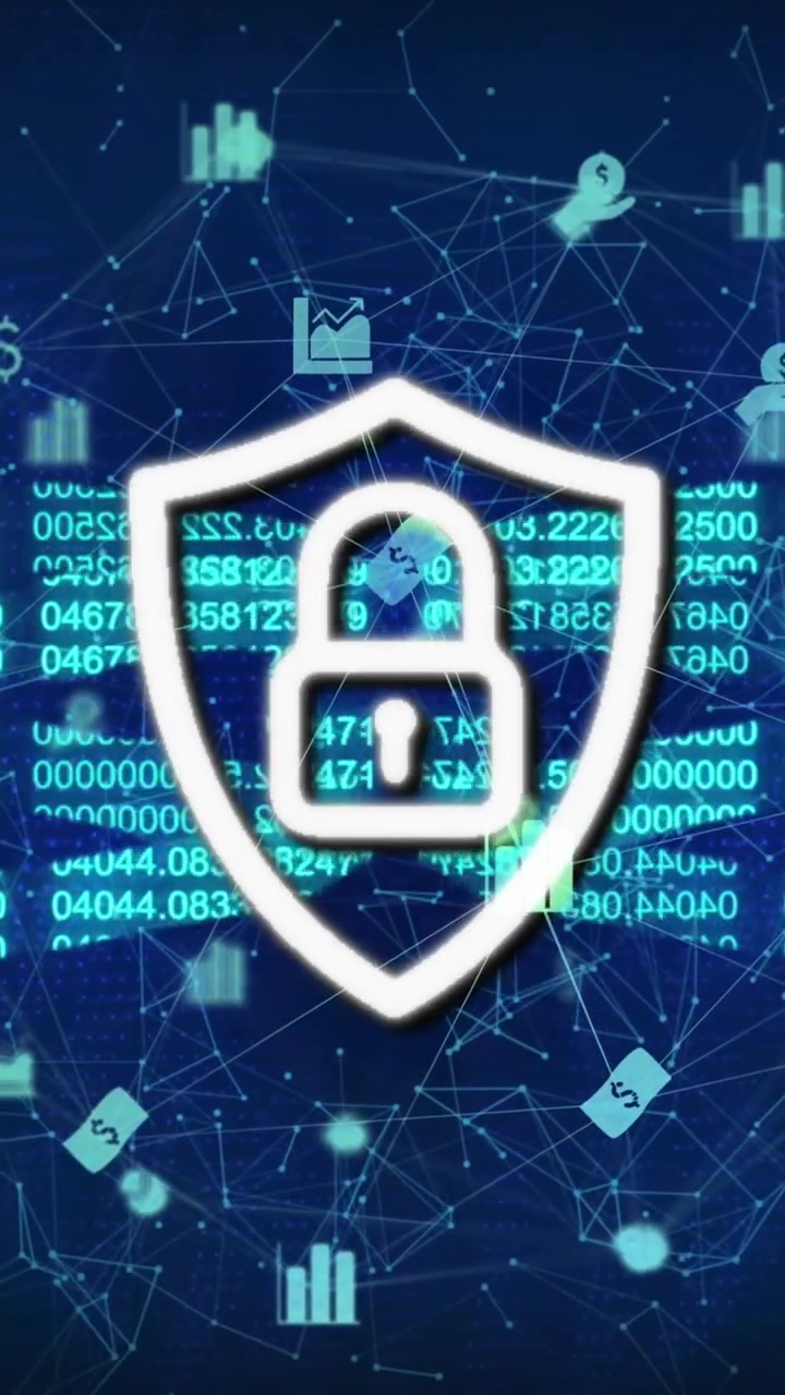 Animation of padlock in shield, numbers forming blockchain, icons forming globe and connected dots