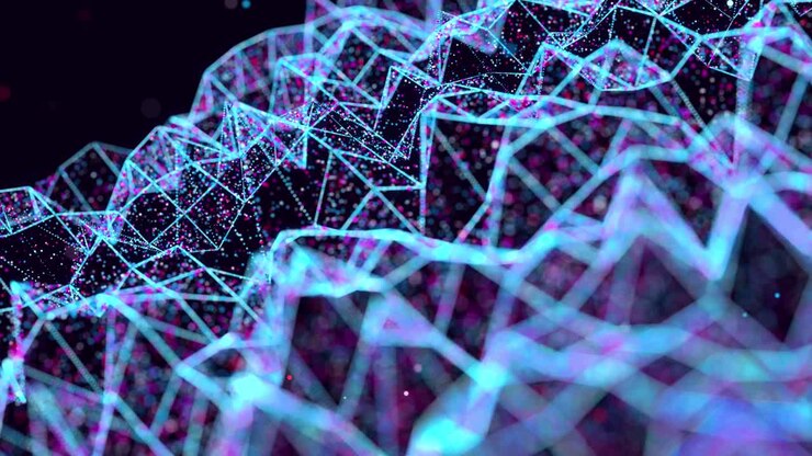 Abstract glow particles form 3d object in space. Vj loop as bg of virtual digital space. Particles form holoram shape as concept of big data, network or vr space. Sci-fi motion design bg. Plane